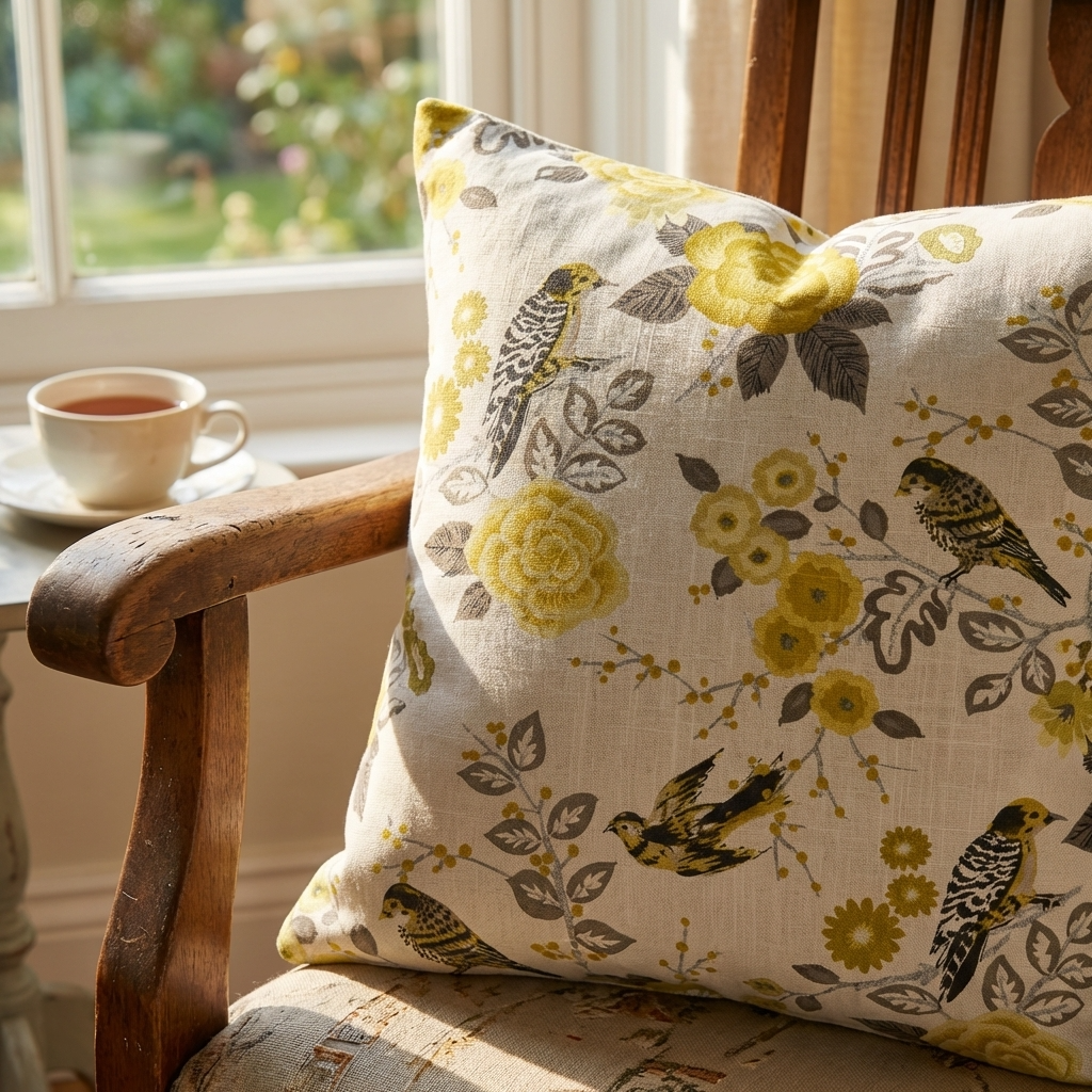 Song Bird Gardens Yellow, Beige and Gray Luxury Throw Pillow-0