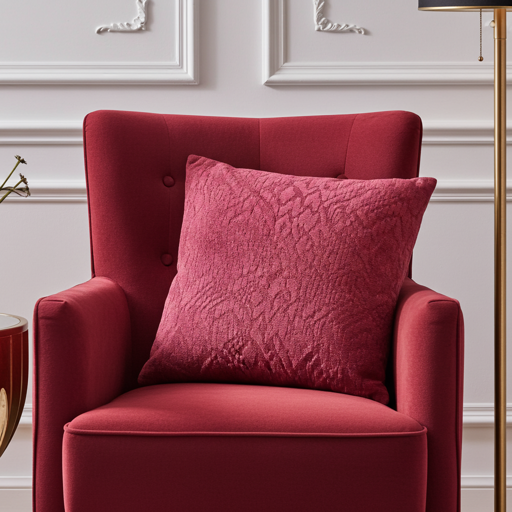 Red armchair with a textured rose berry pillow in a room with decorative wall molding.