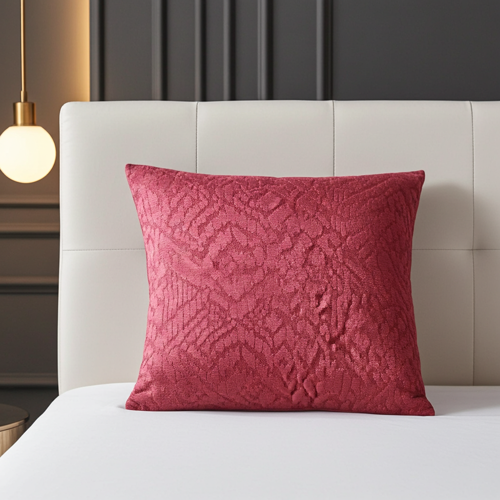 Rose Berry textured pillow on a bed with a neutral headboard and light fixture.