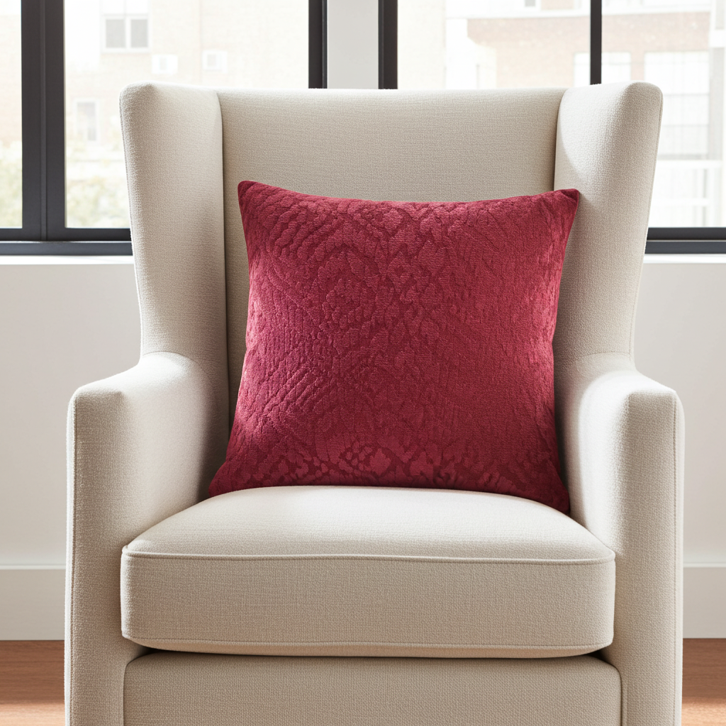 Beige armchair with a rose berry textured pillow in a bright room.