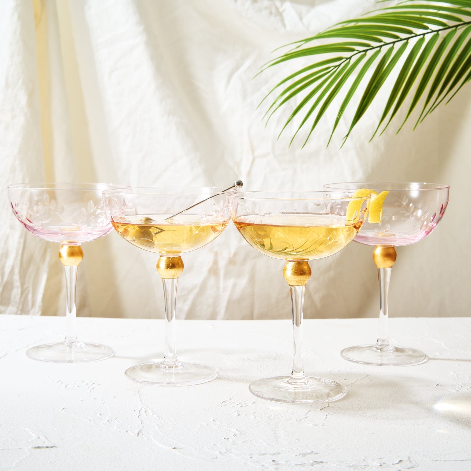 Colored Coupe Art Deco Glasses, Gold | Set of 4 | 8 oz (Pink)-2
