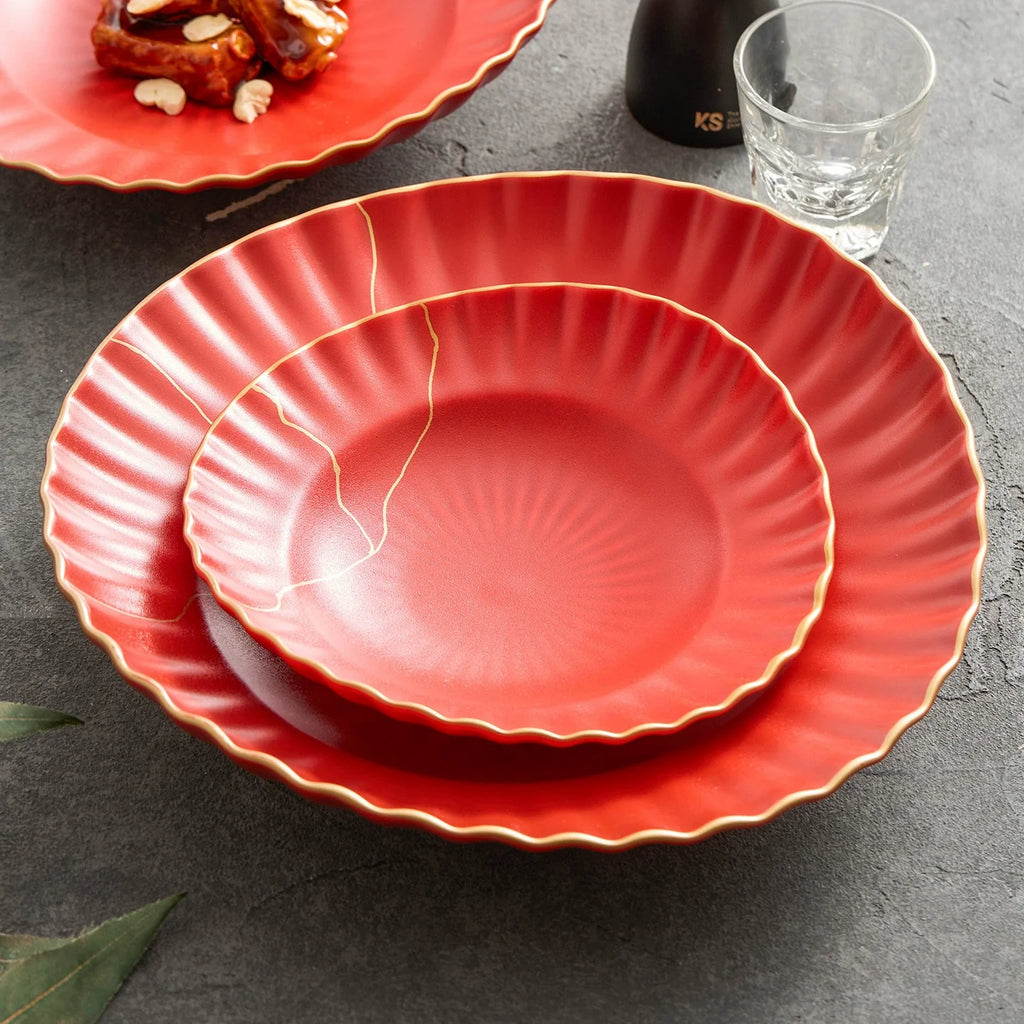 Luxury Red Ceramic Serving Bowl Set with Golden Rim – 9" / 11" / 13"-3