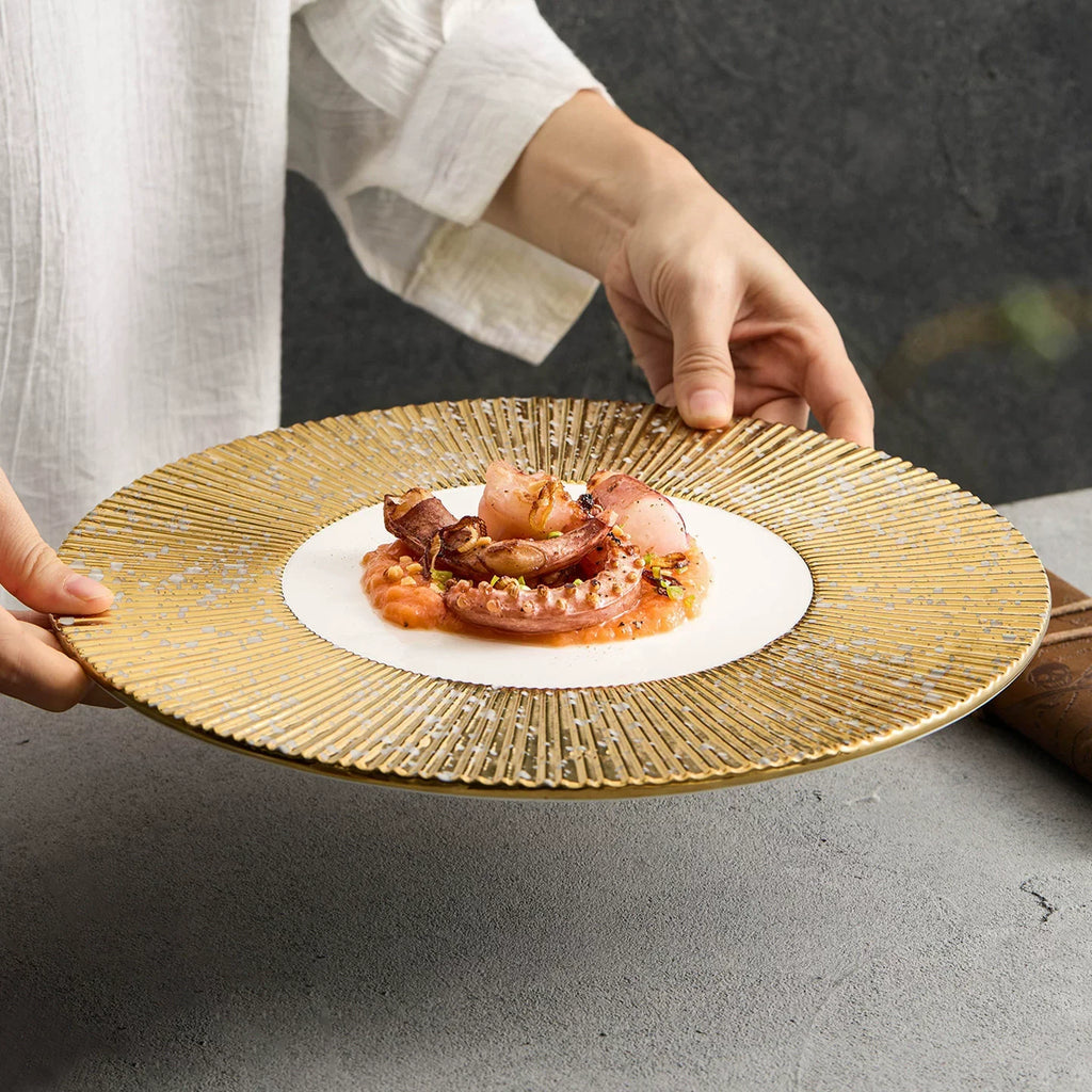 Golden Radial Gear Charger Plate – 12-Inch Artisanal Ceramic Presentation Plate-2