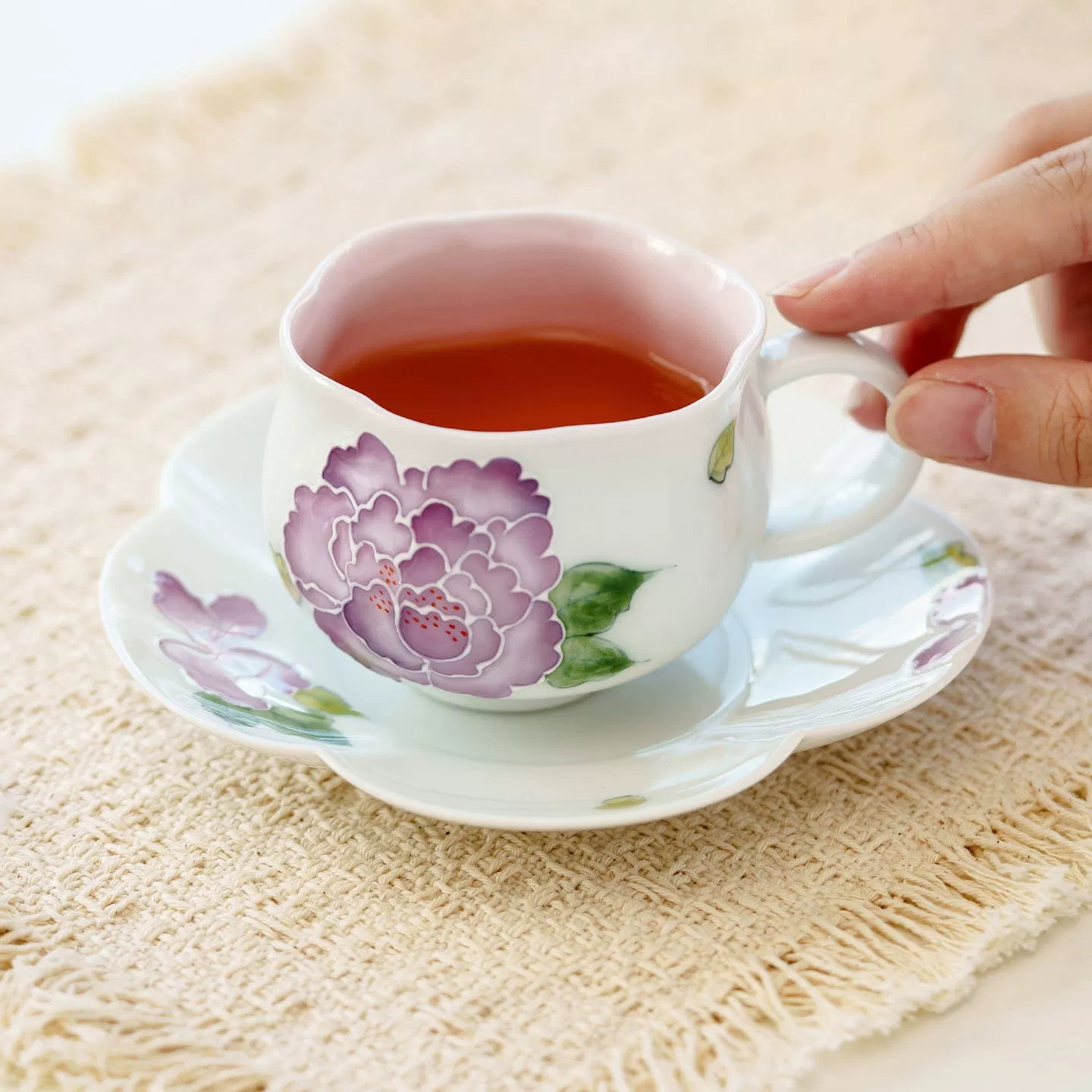 Hand-Painted Purple Peony Porcelain Teacup & Saucer Set – Elegant Floral Ceramic Cup for Tea or Coffee-2