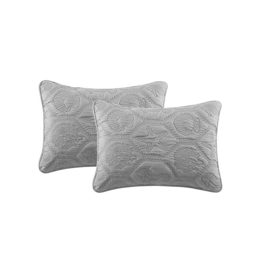 Queen Coastal Beach Embossed Starfish Seashell Seahorse Grey 3-Piece Quilt Set-3