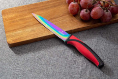 Steak Knife Set 6 Rainbow Titanium Coated Blades & Red Handles