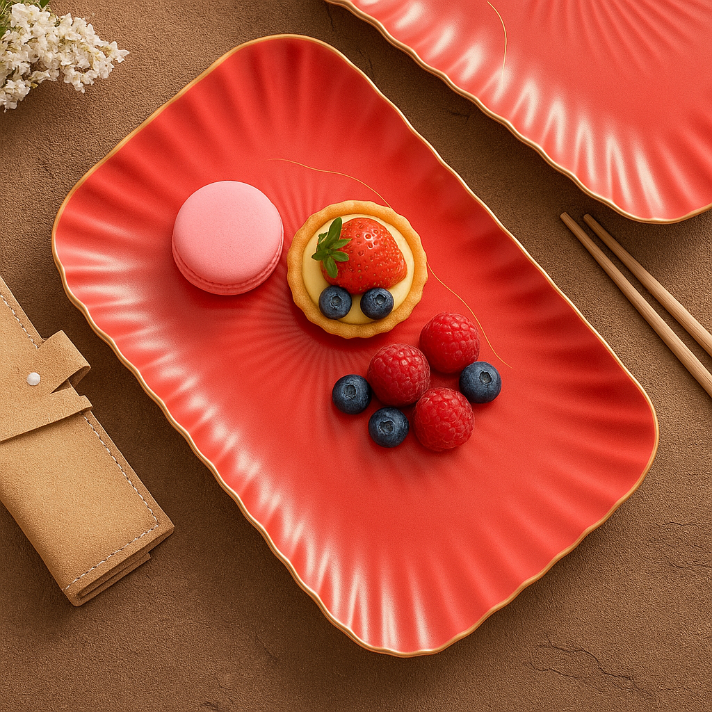 Luxury Red Ceramic Serving Platter – Rectangular Dinner Plate with Golden Rim-1