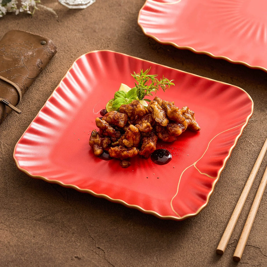 Red Vermilion Glazed Porcelain Square Plate – Kintsugi Design Series-0