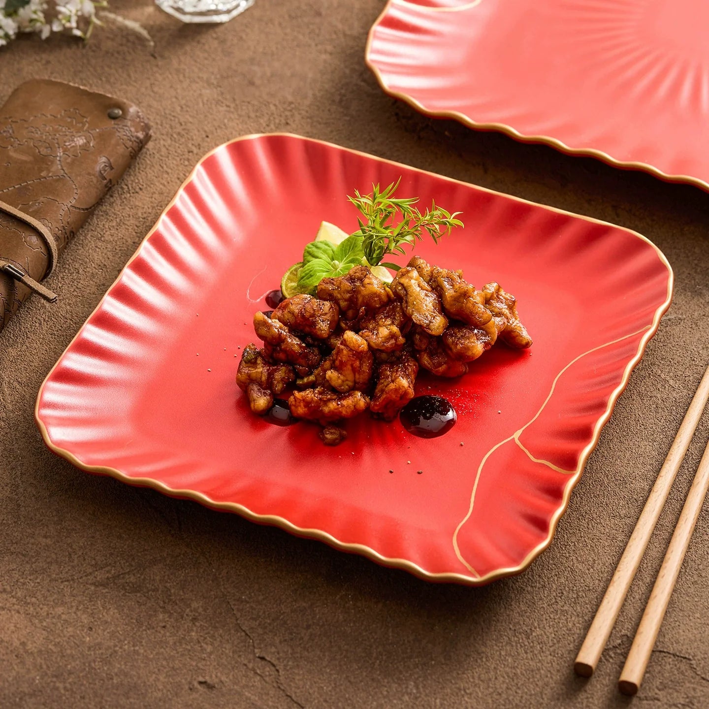 Red Vermilion Glazed Porcelain Square Plate – Kintsugi Design Series-0