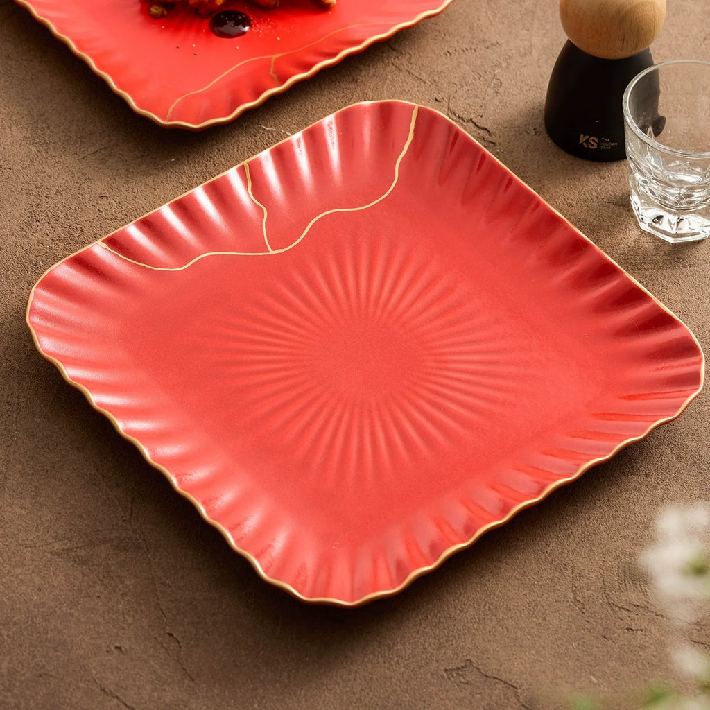 Red Vermilion Glazed Porcelain Square Plate – Kintsugi Design Series-3