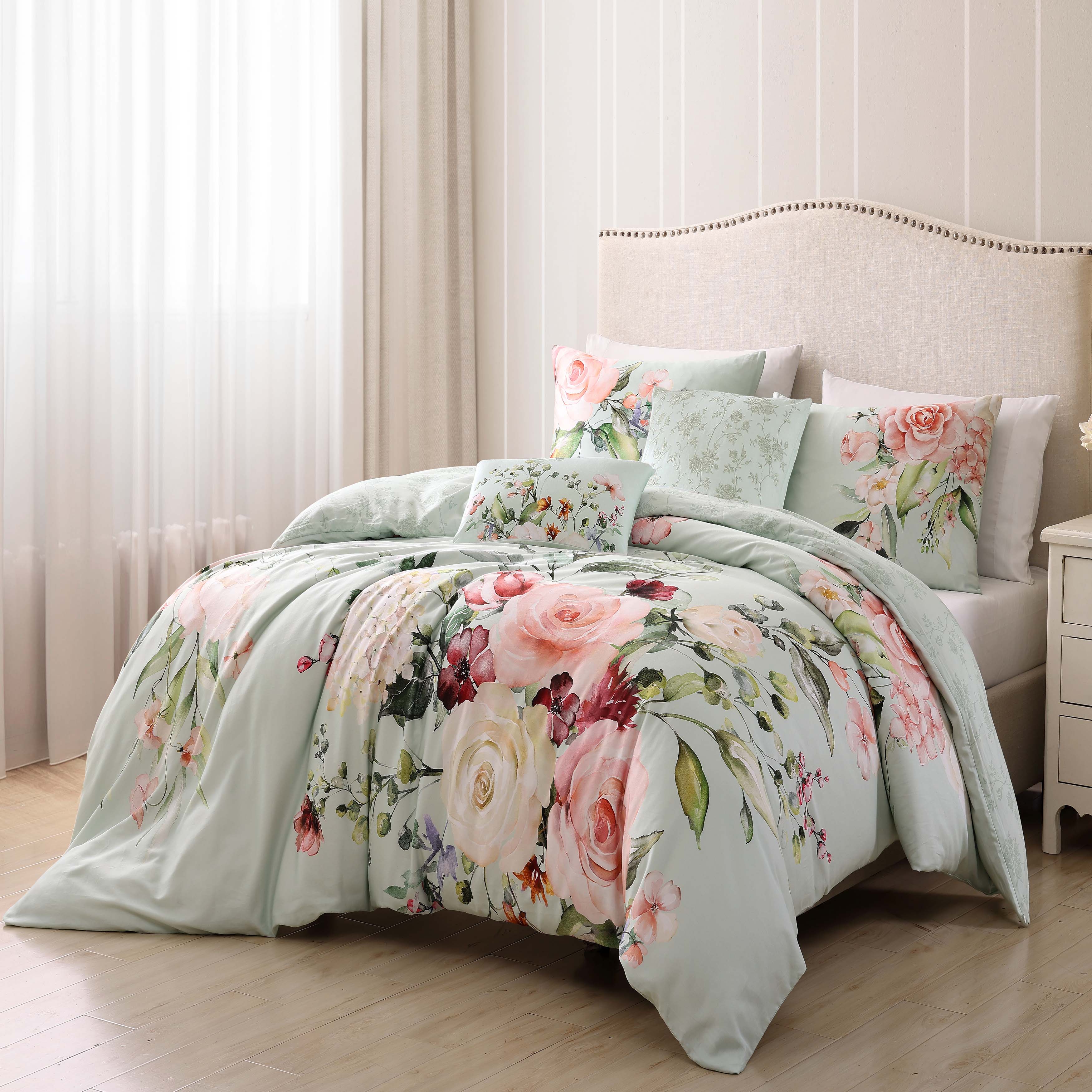 Bebejan Rose on Misty Green 5 Piece Reversible Comforter Set