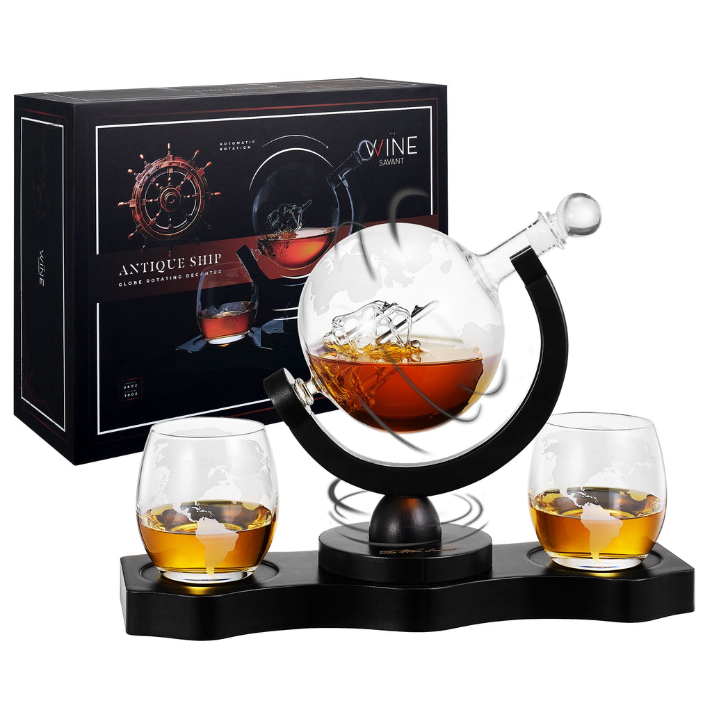 Rotating Whiskey Decanter Globe Set with 2 10OZ Etched Whiskey Glasses