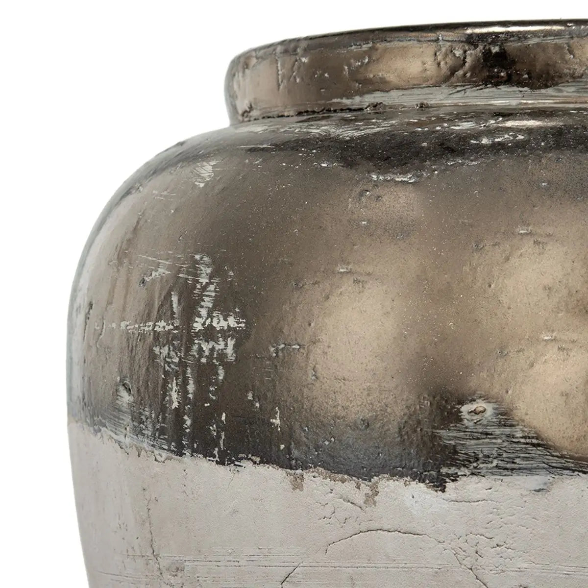 Close-up of a textured metallic terracota ceramic vase with a white background