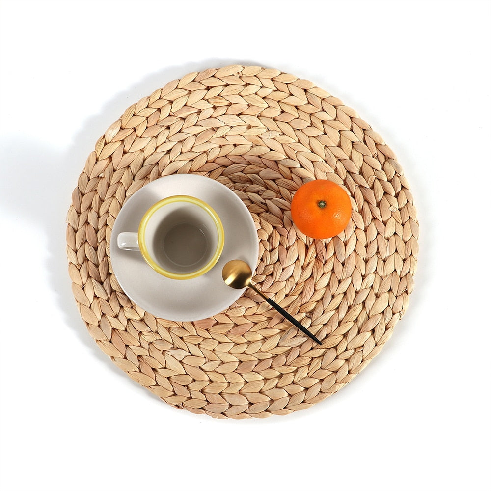 Set of 1 Straw Woven Placemats for Dining Table Wicker Natural Round Straw Resistant-0