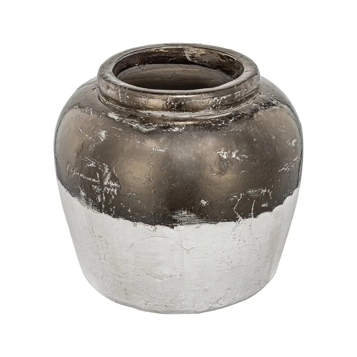 A decorative ceramic vase with a distressed two-tone finish, featuring a metallic bronze upper half and a textured off-white lower half, set against a plain white background.