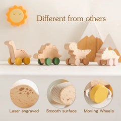 1 pc Beech Wood Montessori Toy Dinosaur with wheels