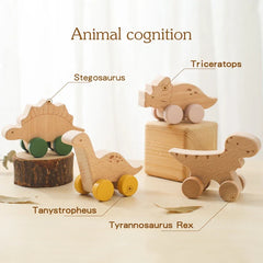 1 pc Beech Wood Montessori Toy Dinosaur with wheels