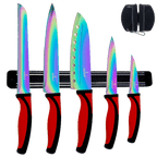Kitchen Knife Set Kit | Red Handle & Black Magnetic Rack