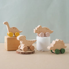 1 pc Beech Wood Montessori Toy Dinosaur with wheels