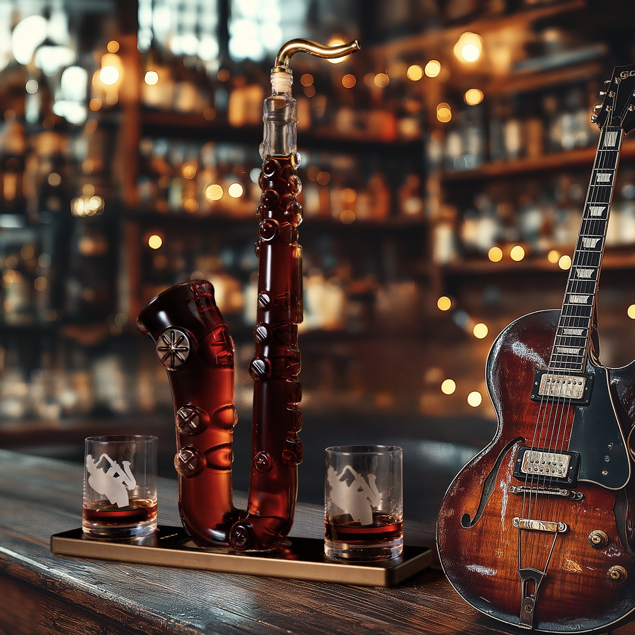 Saxophone Whiskey & Wine Decanter - 34 OZ Decanter Set with Two 10 Oz-4