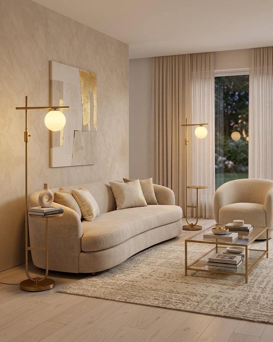 A modern living room featuring a curved beige sofa, a matching armchair, gold-framed floor lamps with glowing milk globe shades, a glass coffee table, and a textured area rug on a light wood floor.