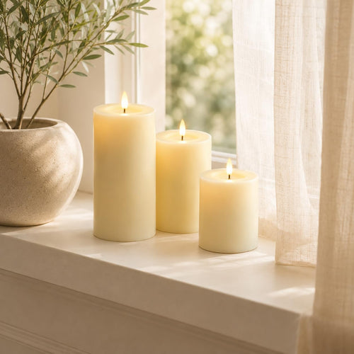 Three lit Flickering Flameless cream Candles Battery Operated of different heights arranged on a windowsill next to a potted plant and sheer curtain.