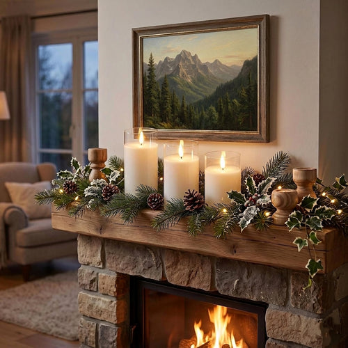 A framed mountain landscape print hangs above a stone fireplace mantel decorated with three lit white flameless pillar candles, pinecones, evergreen branches, and holiday greenery. A warm fire burns below in the stone fireplace, and a softly lit living room is visible in the background.