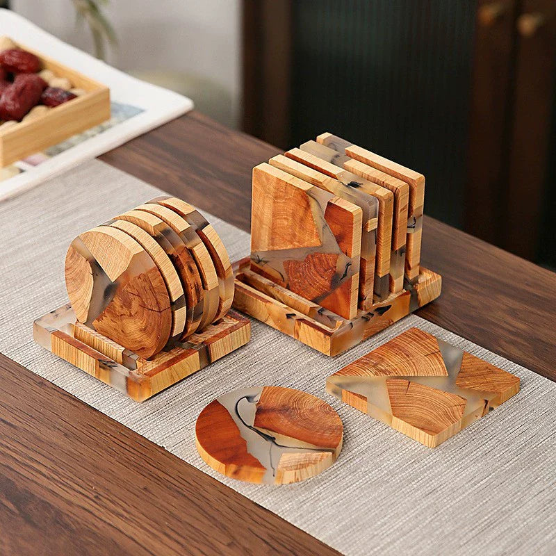 Biodegradable Pine Wood Resin Coasters with Ink Texture – 8cm Eco-Friendly Drink Mats-1