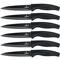 Steak Knife Set 6 Titanium Coated Black Handle, Black Blade