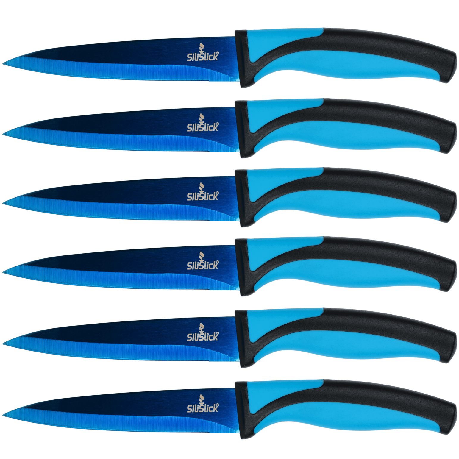 Steak Knife Set 6 Titanium Coated Blue Handle, Blue Blade