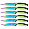 Steak Knife Set 6 Rainbow Titanium Coated Blades & Green Handles