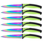 Steak Knife Set 6 Rainbow Titanium Coated Blades & Green Handles
