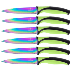 Steak Knife Set 6 Rainbow Titanium Coated Blades & Green Handles