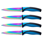 Steak Knife Set 4 Rainbow Titanium Coated Blades & Blue Handles
