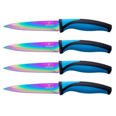 Steak Knife Set 4 Rainbow Titanium Coated Blades & Blue Handles