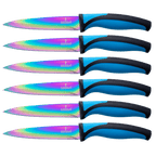 Steak Knife Set 6 Rainbow Titanium Coated Blades & Blue Handles