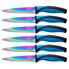 Steak Knife Set 6 Rainbow Titanium Coated Blades & Blue Handles
