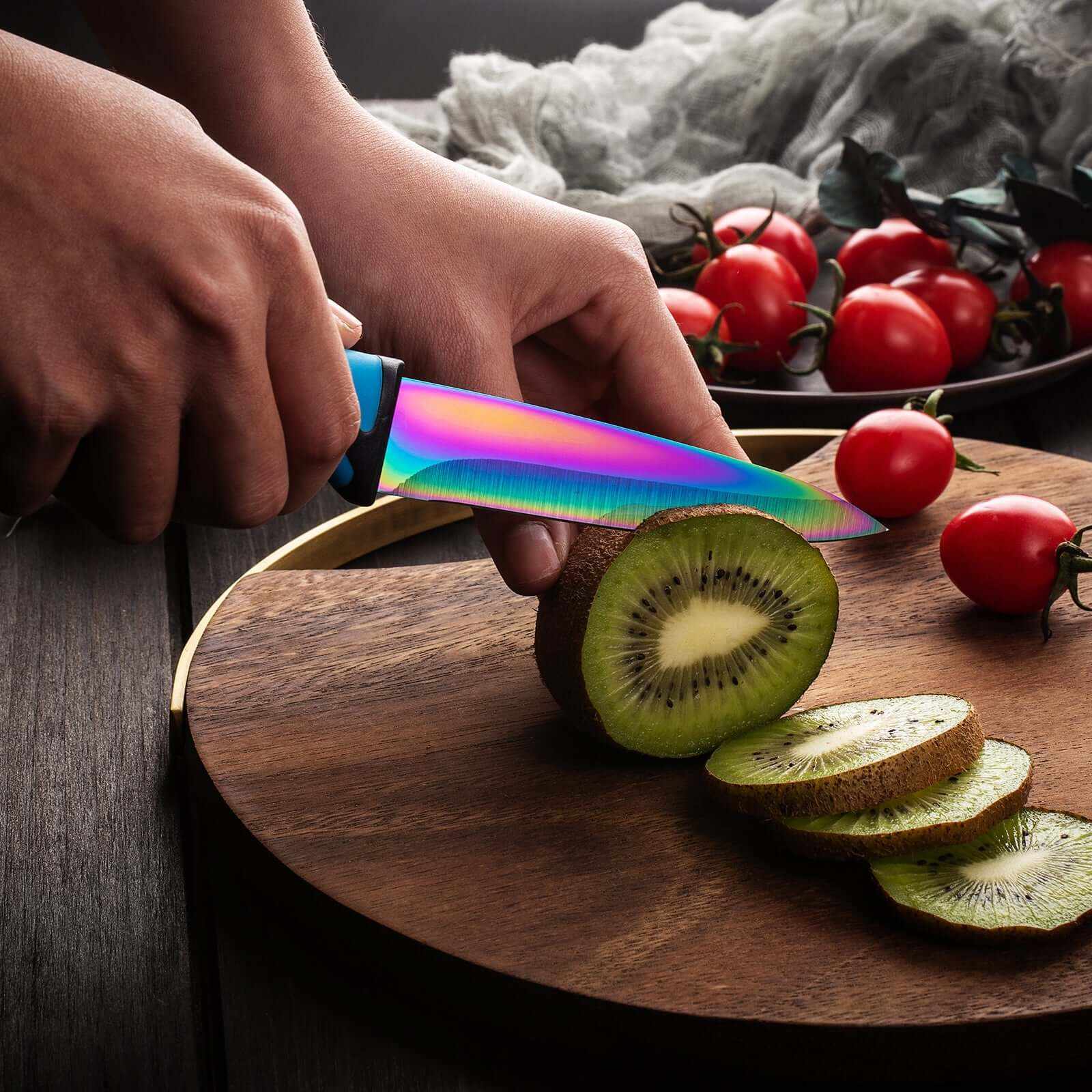 Steak Knife Set 6 Rainbow Titanium Coated Blades & Blue Handles