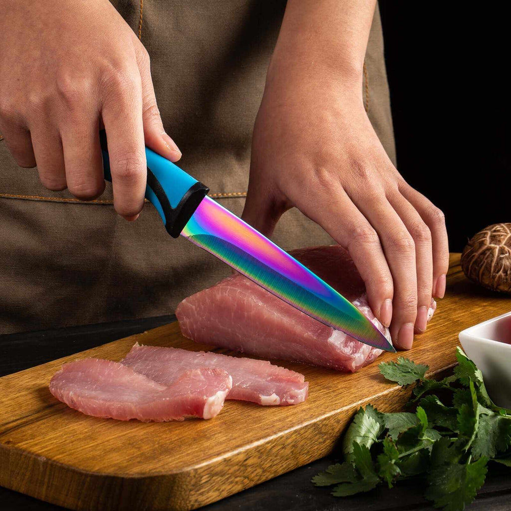 Steak Knife Set 4 Rainbow Titanium Coated Blades & Blue Handles