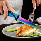Steak Knife Set 6 Rainbow Titanium Coated Blades & Blue Handles