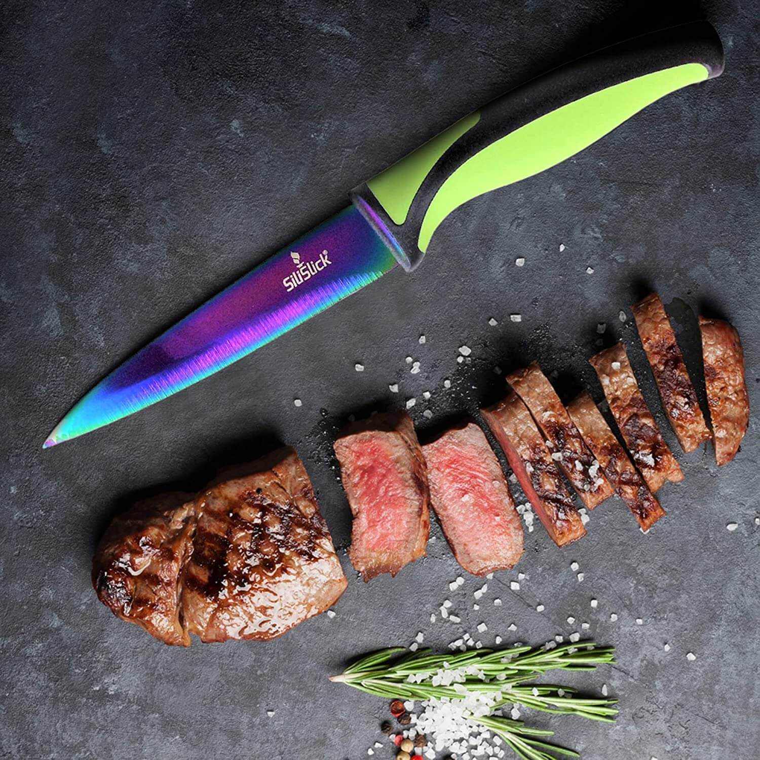 Steak Knife Set 6 Rainbow Titanium Coated Blades & Green Handles