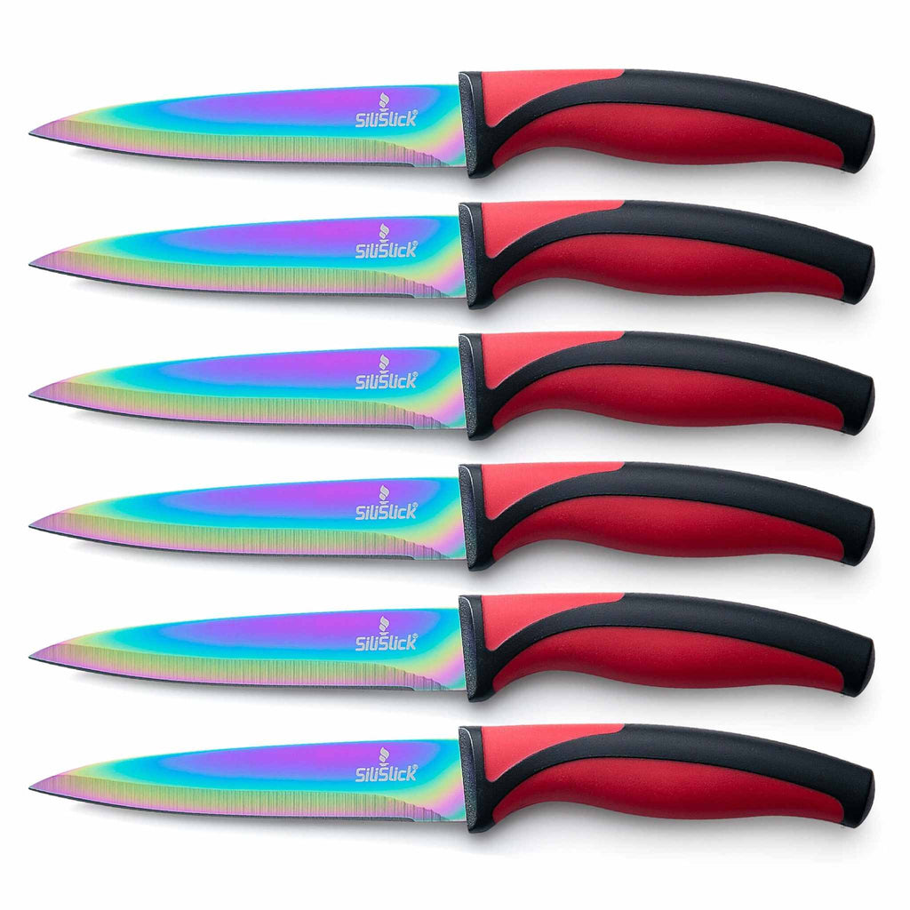 Steak Knife Set 6 Rainbow Titanium Coated Blades & Red Handles