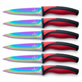 Steak Knife Set 6 Rainbow Titanium Coated Blades & Red Handles