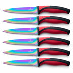 Steak Knife Set 6 Rainbow Titanium Coated Blades & Red Handles