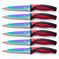 Steak Knife Set 6 Rainbow Titanium Coated Blades & Red Handles