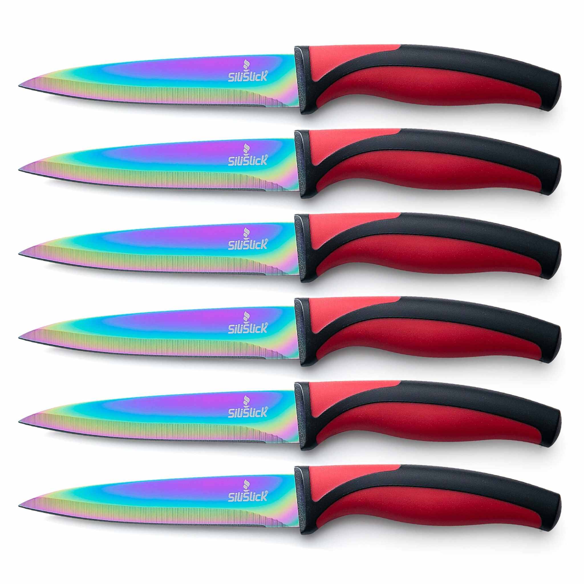 Steak Knife Set 6 Rainbow Titanium Coated Blades & Red Handles