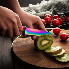 Steak Knife Set 6 Rainbow Titanium Coated Blades & Red Handles