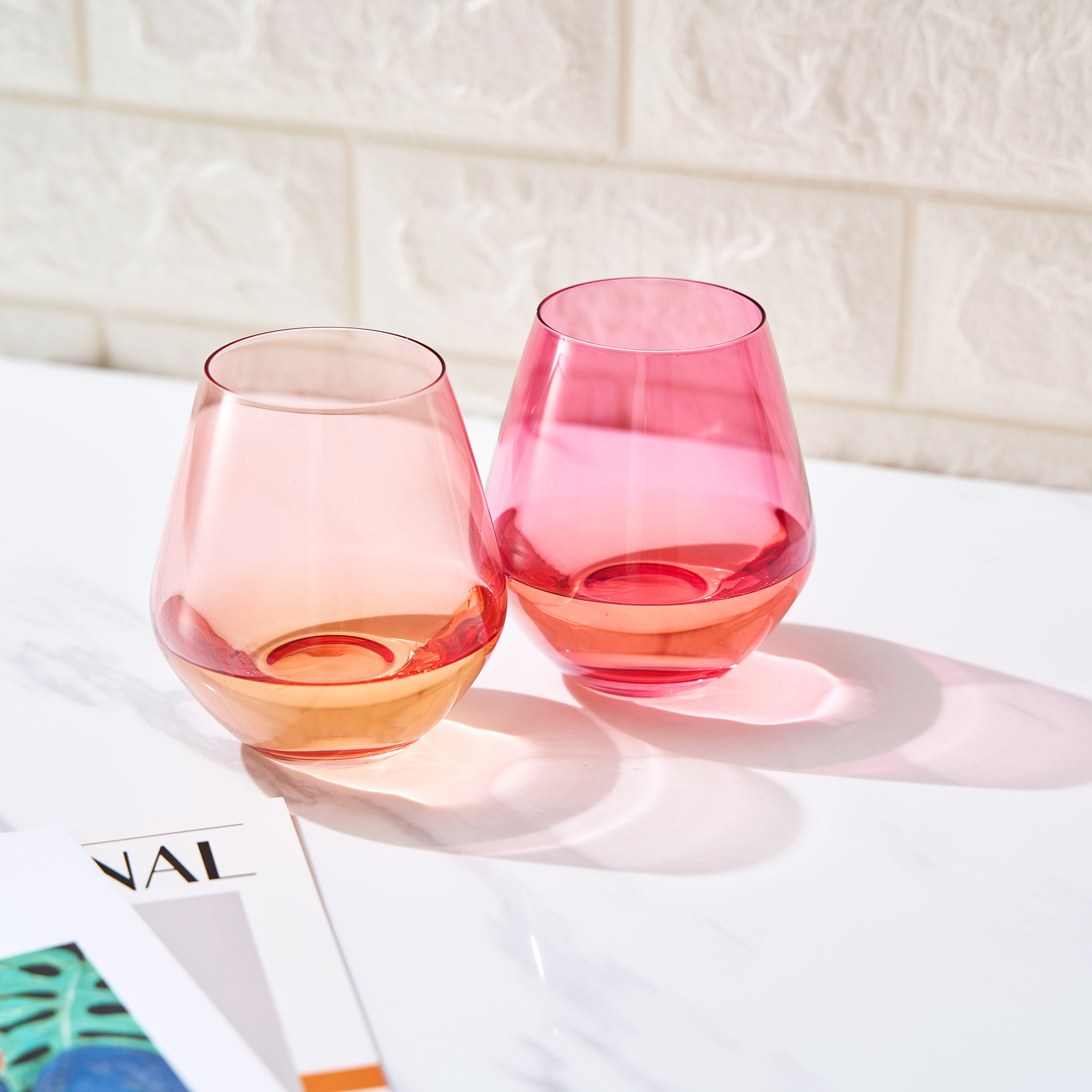 Coral & Fuchsia Colored Wine Glassware | Set of 2 | Large 16 oz Stemless Glasses