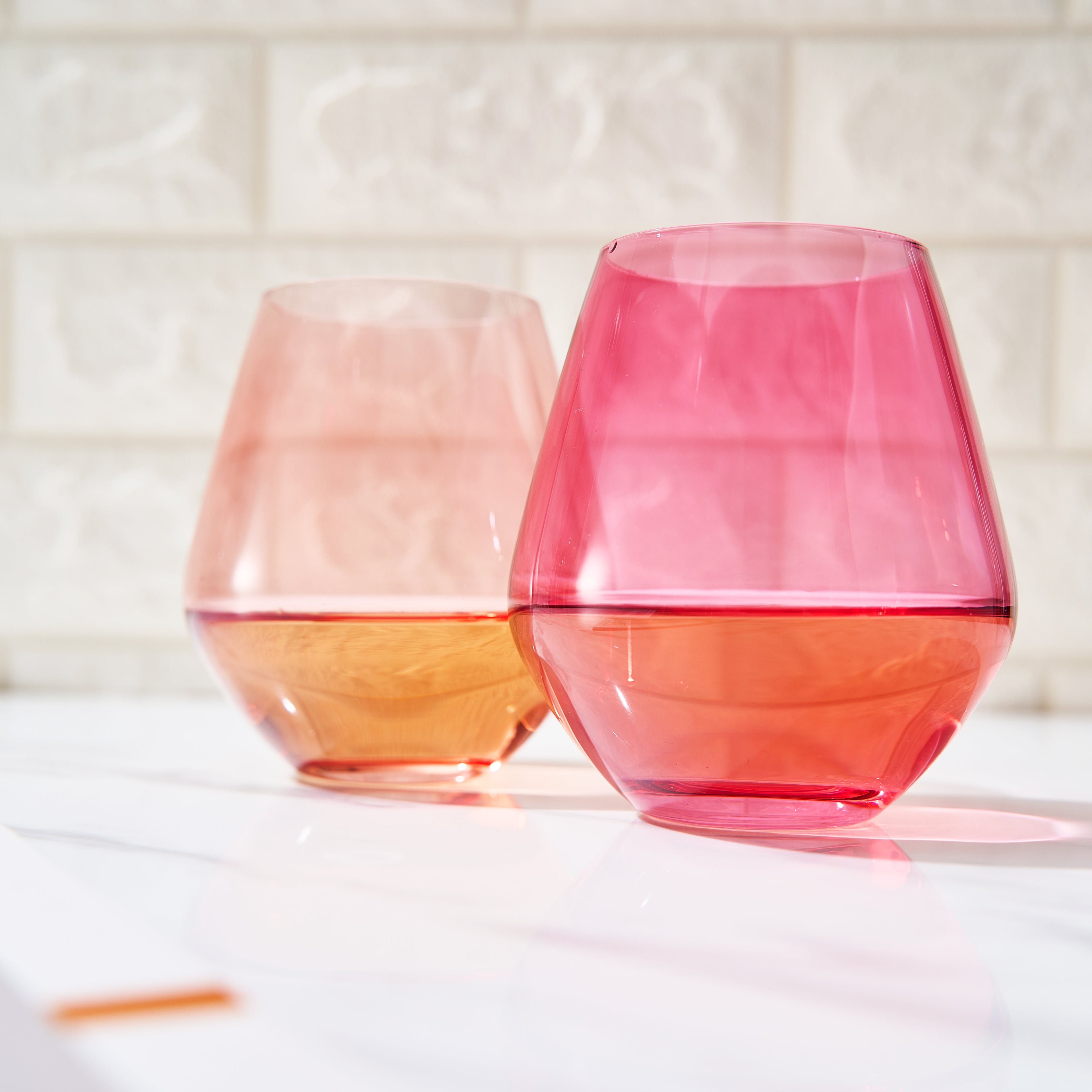 Coral & Fuchsia Colored Wine Glassware | Set of 2 | Large 16 oz Stemless Glasses