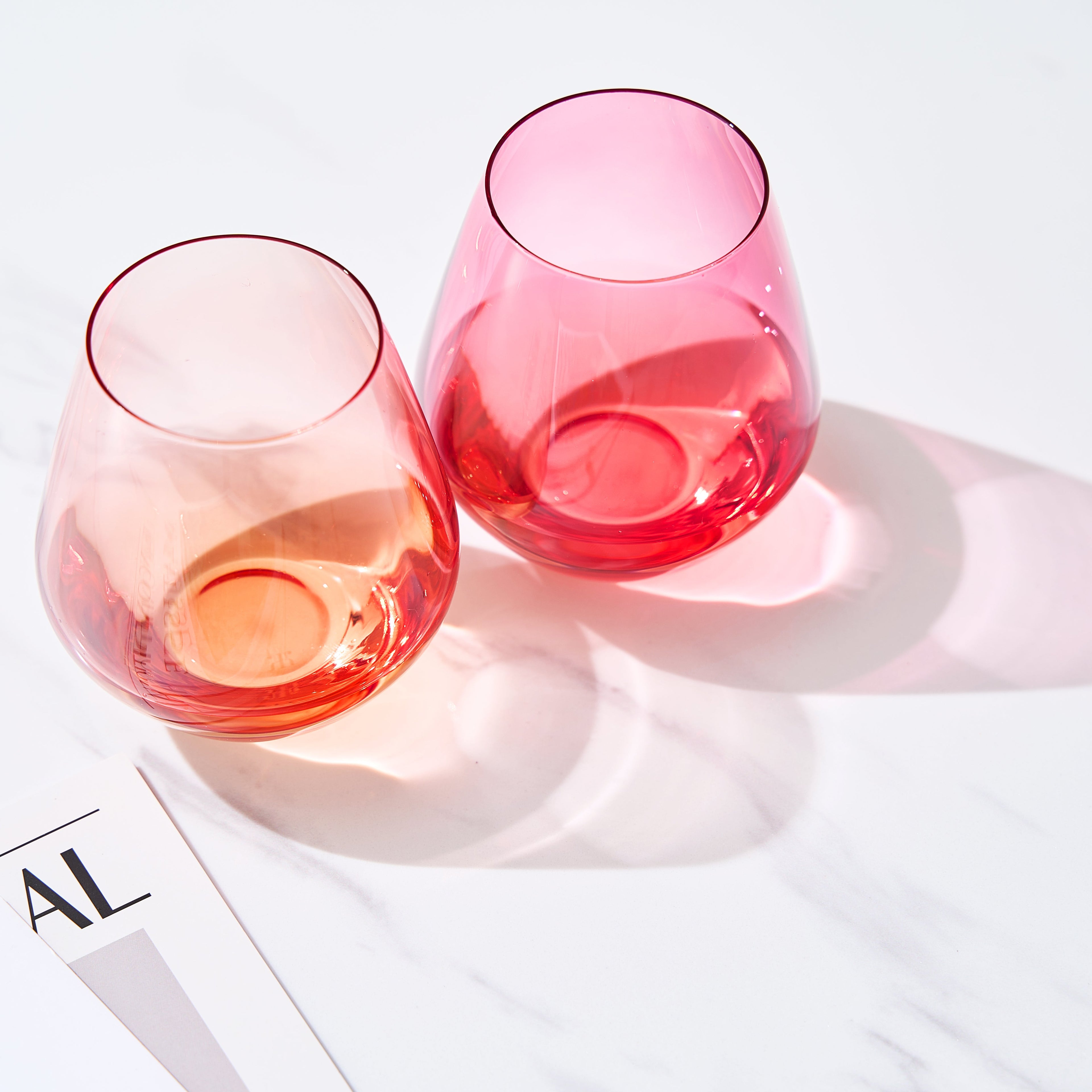 Coral & Fuchsia Colored Wine Glassware | Set of 2 | Large 16 oz Stemless Glasses